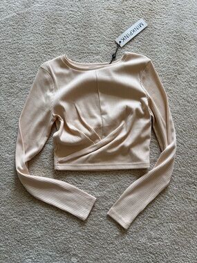 MinkPink Tan Ribbed Long-Sleeve Twist Crop Top